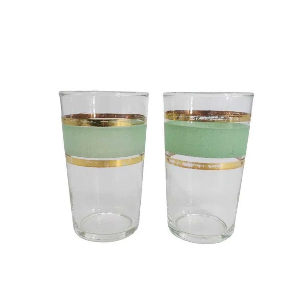 Vintage FEDERAL GLASS Set of 3 Midcentury Stripe Juice Glasses Orange Green Gold